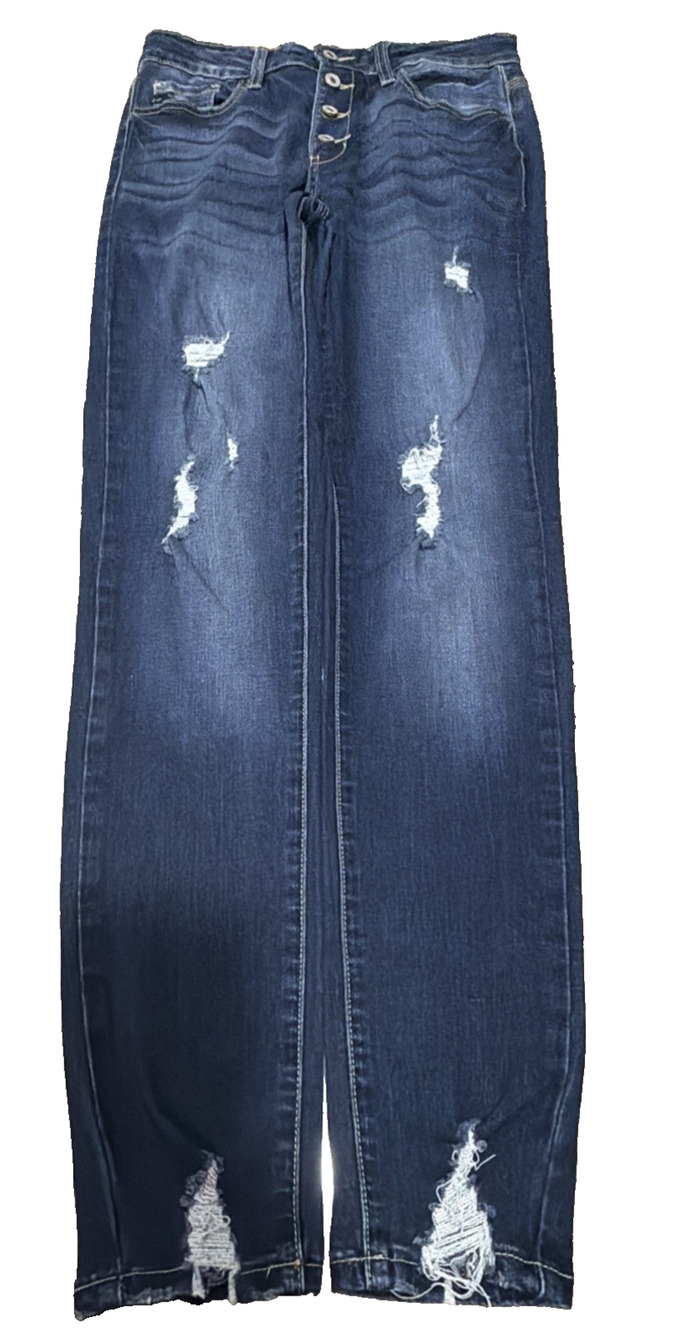 KanCan Chelsea High Rise Button Fly Skinny Jeans 9/28 Dark Wash Distressed